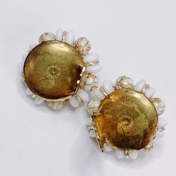 Vintage Stamped West Germany White Gold Tone Glass Bead Cluster Clip Earrings - Picture 7 of 13